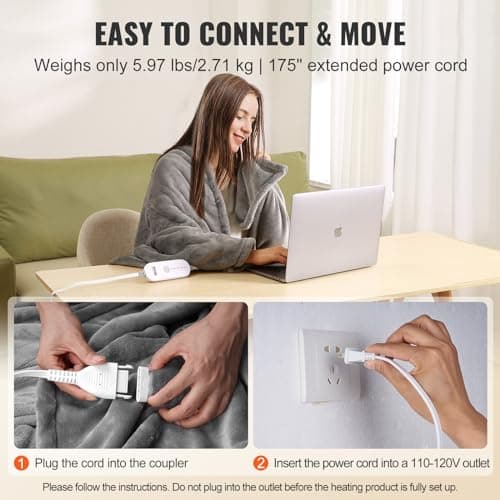 VEVOR Heated Blanket Electric Throw,72" x 84",Grey 5