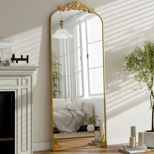 GLSLAND 64"x 21" Vintage Full Length Mirror Large Carved Arched Full Body Mirror with Baroque Metal Frame for Bathroom/Living Room/Entryway,Gold
