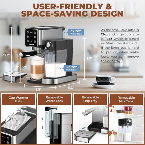 TENKER Espresso Machine 20 Bar, Cappuccino Machine with Automatic Milk Frother, Latte Machine in Stainless Steel Design, 1350W Touchscreen Coffee Maker for Home and Office (Silver) 5