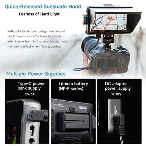 VILTROX DC-550 Pro 5.5 inch Camera Field Monitor, 4K HDMI Touchscreen DSLR Camera Monitor with Battery Sunshade Hood, 1200 Nits 3D Lut 1920X1080 HD Focus Peaking Assist On Camera Video Monitor 5