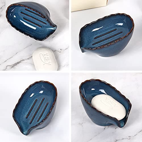 Floatant Soap Dish, Ceramic Dish Soap Holder, Self Draining Soap Holder, Easy to Clean Keeps Soap Dry, Soap Dishes for Bathroom, Kitchen, Toilet (Blue) 6