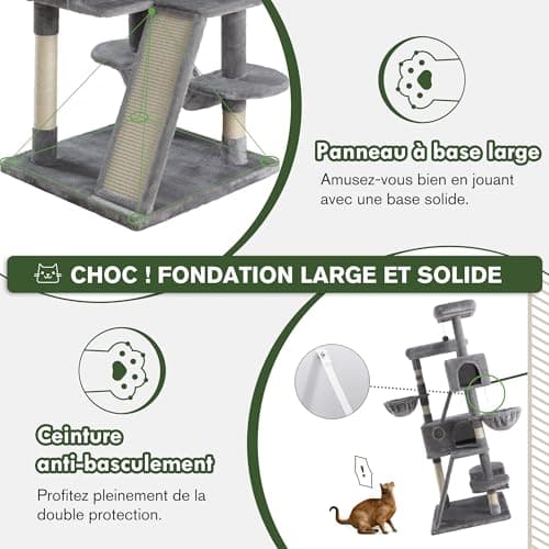 MUTICOR 66 Inches Multi-Level Large Cat Tree Tower for Indoor Big Feline/Cozy Plush Perches/Condo/Sisal Scratching Posts/Hammock and Baskets/Activity Center Play House/Wide Base/Grey 6