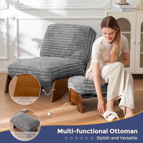 MAXYOYO Modern Adjustable Accent Chair with Ottoman, Upholstered Living Room Chair with Footrest Set, Soft Reclining Lounge for Bedroom, Apartment, Office, Grey 7