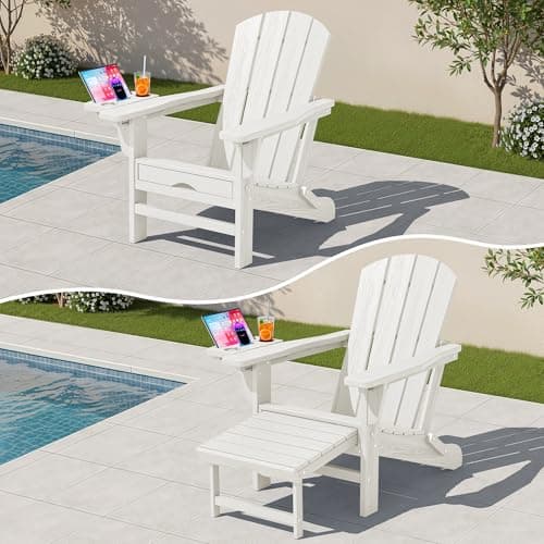 KINGYES Adjustable Folding Adirondack Chair with Footrest & 4-in-1 Multi-Functional Armrest Organizer, HDPE Recliner Adirondack Chair with Pull-Out Ottoman, White
