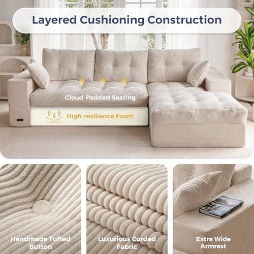 MAXYOYO 104" L Shaped Modular Sectional Sofa with Ottoman, Cloud Boneless Couch with Layered Cushion, Upholstered Sofa in a Box, Flexible Module Combination for Living Room, No Assembly, Beige 5