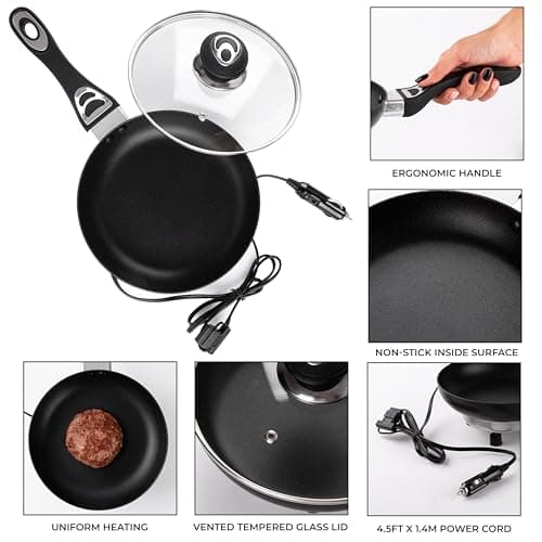 ZONETECH 12V Frying Pan with Glass Lid Portable Non-Stick 7.5-inch Stay-Cool Handles, Rapid Heat Up, Perfect For Camping, Picnic and more 2