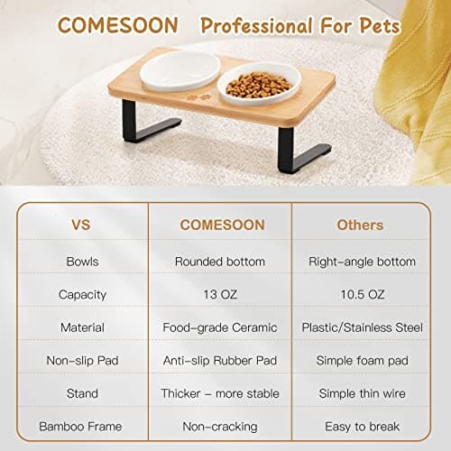 Ceramic Elevated Cat Bowls with 10° Tilted, Anti Vomiting & Whisker Friendly Food and Water Bowls with Bamboo Stand(Anti-Slip Feet), Raised Cat Food Bowls for Indoor Cats & Puppies, Dishwasher Safe 6