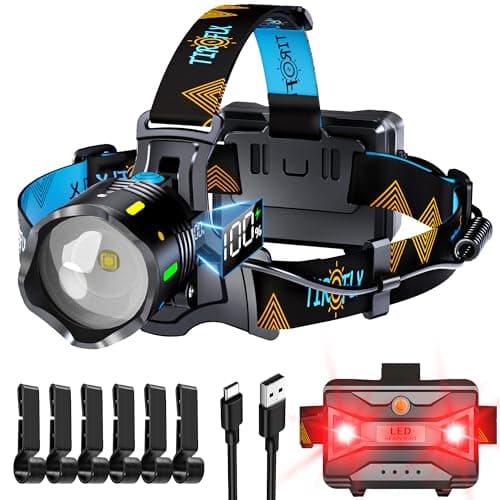 TIROFLX 12 Modes 210000 Lux Headlamp Motion Sensor Red Warning Zoomable Energy Saving, More Than 30Dys Standby Head Lamp, IP65 Waterproof and 125° Angle for Camping Outdoor Hardhat