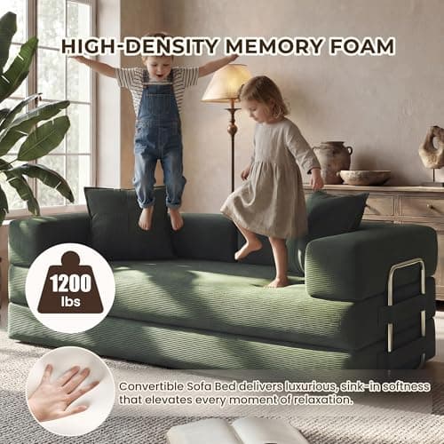 GRUSIGN 78 Inch Convertible Sofa Bed, 5-in-1 Futon Sofa Bed Pull Out Couch, Boneless Couch Bed for Living Room, Corduroy Boneless Couches for Bedroom, Apartment, No Assembly Sleeper Sofa Bed, Green 7