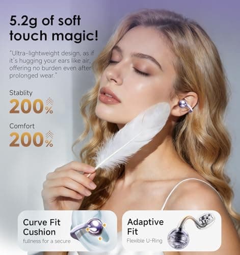 King Lucky Clip-On Earbuds Gen 3, Open-Ear Wireless Bluetooth 6.0 Headphones with Mic, Secure Fit for Small Ears & Glasses Wearers, 50H Playtime, ENC, IPX5 Waterproof Sport Ear Buds (Purple) 5