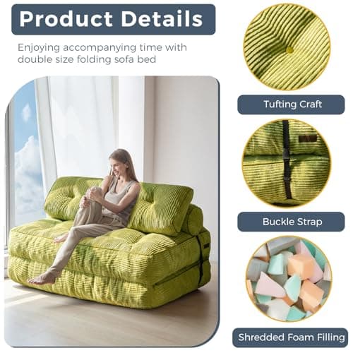 MAXYOYO Folding Sofa Bed, Convertible Sleeper Chair with Pilow Foldable Mattress with Back Support, Portable Fold Out Chair Bed for Living Room Bedroom, Green Double 5