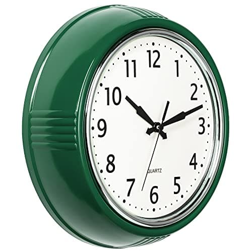 Bernhard Products Retro Wall Clock 12 Inch Hunter Green Kitchen 50's Vintage Design Round Silent Non-Ticking Quartz Battery Operated Clocks for Home Office School Classroom Kids Bedroom Living Room