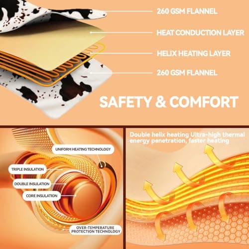 Cow Print Heated Electric Blanket 60" x 50" Soft Western Heating Blanket Cozy Throw Fast Heating 1-12H Auto-Off 5 Heat Level Over-Heat Protection 5