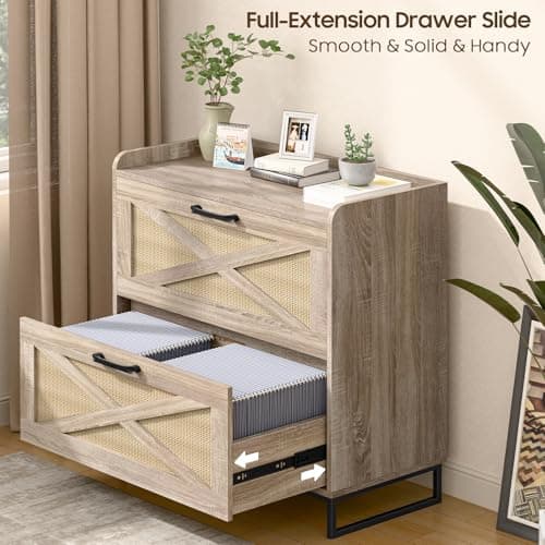 Lateral File Cabinet 2 Drawer File Cabinet with Charging Station for Legal/Letter/A4 Size Hanging Files, Modern Farmhouse Large Rattan Wood File Storage Cabinet for Home Office Furniture(Natural) 6