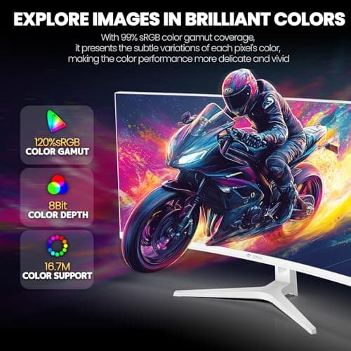 CRUA 34'' White Gaming Monitor 165Hz/144Hz 21:9 1500R Ultrawide Curved Monitor, WQHD 3440X1440 120%sRGB VA Panel Computer Monitor Support Freesync, PIP/PBP, HDMI2.0 & DP1.4, Wall Mount&Tilt Adjustable 5
