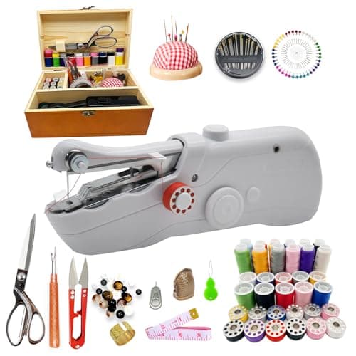Handheld Sewing Machine with Exquisite Wooden Storage Box & 142-Piece Sewing Kit - Electric Switch, Dual Power Supply, Assorted Needles, Threads, Heavy Duty Scissors - Meets All Household Sewing Needs