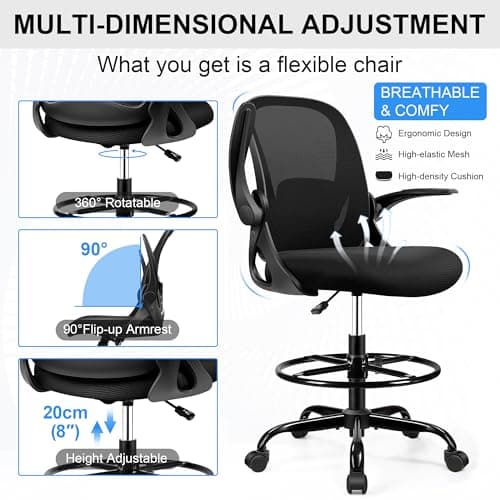 Drafting Chair Tall Office Chair with Flip-up Armrests, Adjustable Height, and Enhanced Lumbar Support - Ergonomic Rolling Stool, Back Support, and Adjustable Foot Rest Ring for Standing Desk Black 5