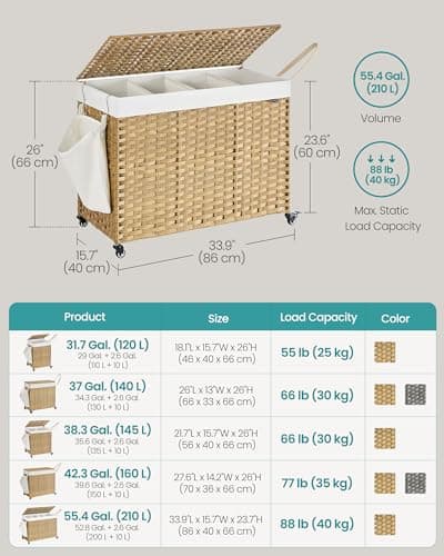 SONGMICS Laundry Hamper with Lid, 55.4 Gallons (210 L), Rolling Laundry Basket with Wheels, 4-Section Synthetic Rattan, Removable Liner, Bedroom, 33.9 x 15.7 x 26 Inches, Natural Color ULCB460Y01 6