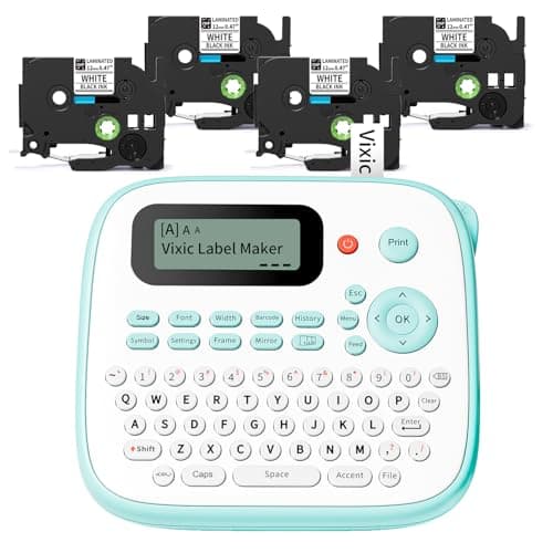 Vixic Label Maker, D210S Label Maker Machine with 4 Laminated Tapes, 12mm Labeler Labelmaker with Waterproof-Labels & QWERTY Keyboard, Print Different Fonts Frame for Home Office Kids School Items