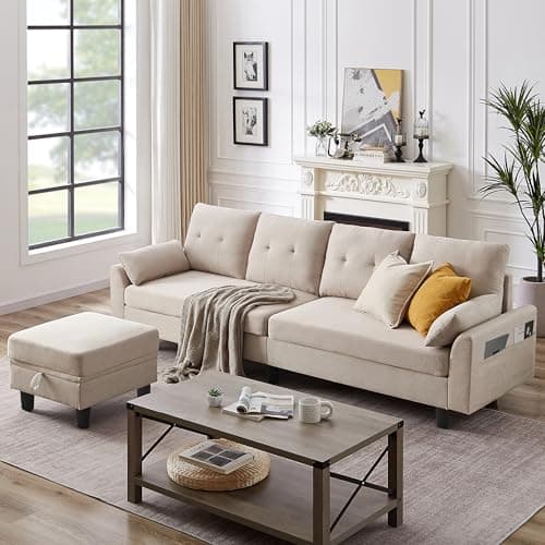 Chireca 102" Convertible Sectional Sofa, Modern L Shaped Couch with Storage Ottoman and Side Pockets, 4 Seater Sofa for Living Room Apartment, Beige