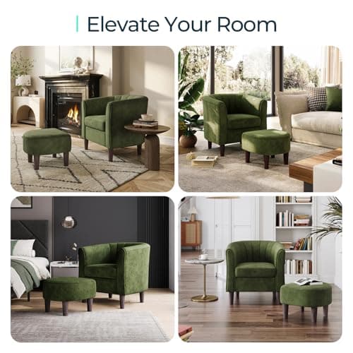 LINSY Accent Chair with Ottoman, Modern Barrel Chair Small Armchair Reading Chair with Footrest, Comfy Round Arms Chair for Living Room Bedroom Reading Room, Velvet, Olive Green 5