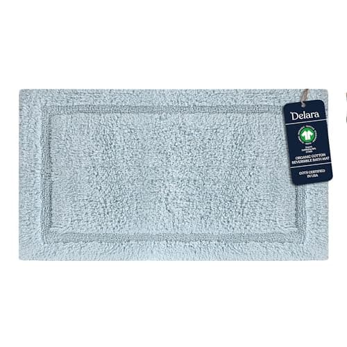 Delara Organic Cotton Reversible Bath Mat – 3000 GSM, GOTS Certified, Ultra-Thick & Super Absorbent | Soft, Plush & Quick-Drying Bathroom Rug (Light Blue, 20x30)