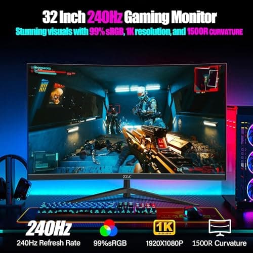 ZZA 32" Curved Gaming Monitor, FHD 1920x1080, VA, 1ms 240Hz, FreeSync Premium, DP 1.4/ HDMI 2.0, VESA Compatible, Tilt Adjustable 2