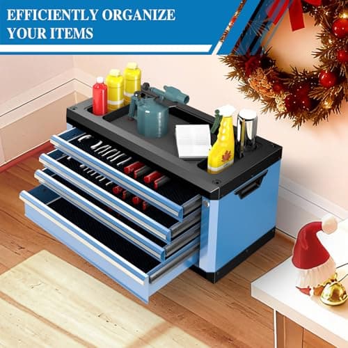 4-Drawer Tool Box with Lock&Keys,Portable Tool Box with Multifunctional Countertop,with Drawer Liner&Connecting Holes, Stacking with Same-Series 5&7-Drawer Tool Chests to Combine a Larger One 7