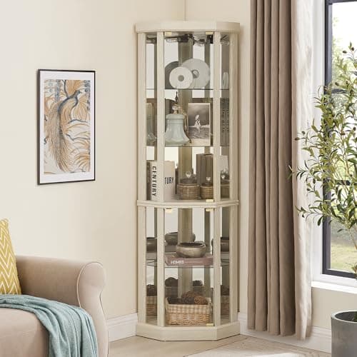 XZTUAJ 69" H Lighted Curio Cabinet Corner Display Case, Corner Glass Case with Adjustable Shelves and Tempered Glass, Wooden Curio Cabinet w/Mirrored Back Pane for Living Room 8
