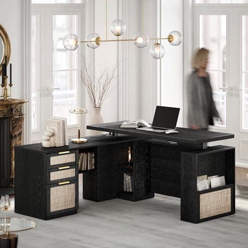 Perledesign 63 Inches L Shaped Standing Desk, Executive Standing Desk with Drawers and File Cabinet, AC/USB, 1.18" Desktop, Multi-Sized Storage Cubby, Privacy Panel, Rattan Computer Desk, Black