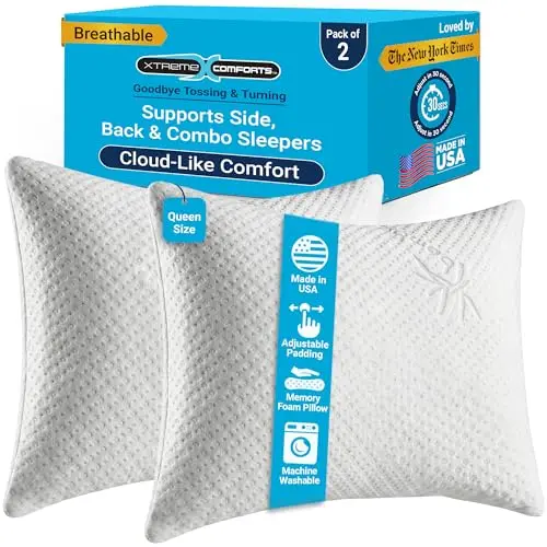 Xtreme Comforts Set of 2 Pillows for Sleeping Sleep Adjustable Shredded Memory Foam Pillows with Removable Cover | Support for Side, Back & Stomach Sleepers - Queen Size