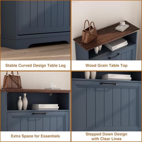 Shoe Storage Cabinet with 2 Flip Drawers, 24" W Farmhouse Modern Hidden Shoes Rack with Adjustable Shelves & Open Storage, Narrow Slim Shoe Organizer for Front Door Entrance, Entryway, Navy Blue 7