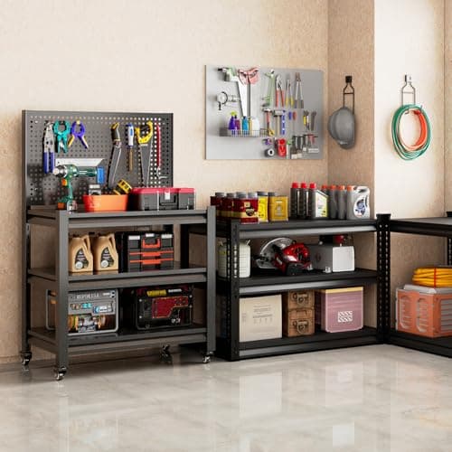 Workbench with Pegboard, Adjustable Shelving Work Table, Mobile Workstation with Lockable Wheels for Garage Warehouse Workshop Office, 47.2" H x 33.5" W x 18" D, Black 8