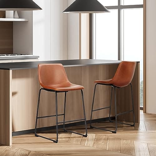 DUMOS 26 Inch Counter Height Bar Stools Set of 4, Modern Faux Leather High Barstools with Back and Metal Leg, Bar Chairs for Kitchen lsland, Brown 7