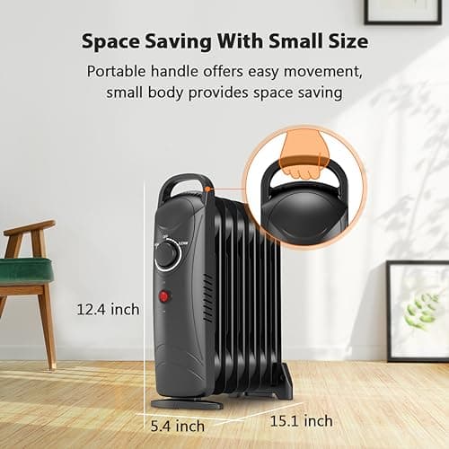 Air Choice Radiator Heater, 700W Oil Filled Radiator Heater with Adjustable Thermostat, 2 Heat Settings & Overheat Protection, Silent Operation, Portable for Bedroom, Office, Under Desk, Black 7