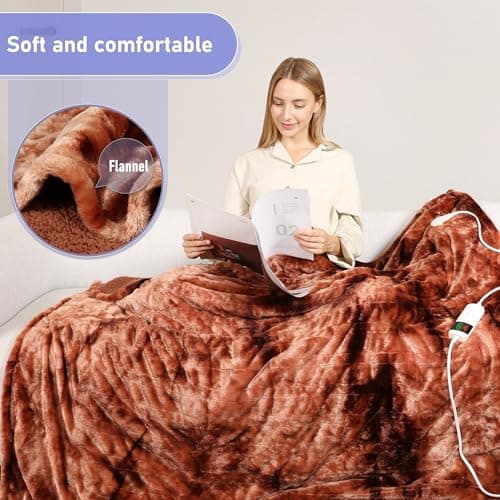 Cushious Electric Heated Blanket Throw 50''x60''Size Faux Fur Heating Blanket 10 Heating Settings, 1-8h Timer & Overheat Protection, Machine Washable, Soft Flannel and Sherpa Full Body Warmth 3