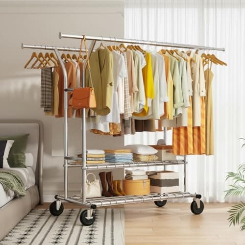 Raybee Clothing Rack Load 630 LBS, Clothes Racks for Hanging Clothes, Rolling Heavy Duty Clothing Rack, Metal Garment Rack for Clothes Storage Bedroom Closet Laundry Room 3