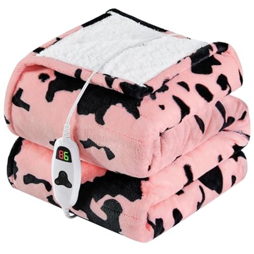 Cow Print Heated Electric Blanket Throw,50X60 Light Pink Heating Blanket with 10 Heats Levels & 8 Hours Auto Off,Highland Cow Stuff Fleece Sherpa Blankets Warmer Gifts for Women Adults Washable