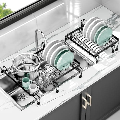 SanDream Over The Sink Dish Rack, Expandable Drainer with Adjustable Legs, Compact Drying Rack for Kitchen Sink (Black) 8