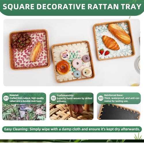 1 pcs Rectangle Rattan Serving Tray with Mother of Pearl Inlay, Decorative Wicker Tray for Coffee, Bread, Fruits, Elegant Table Decor for Living Room & Dining Room 7