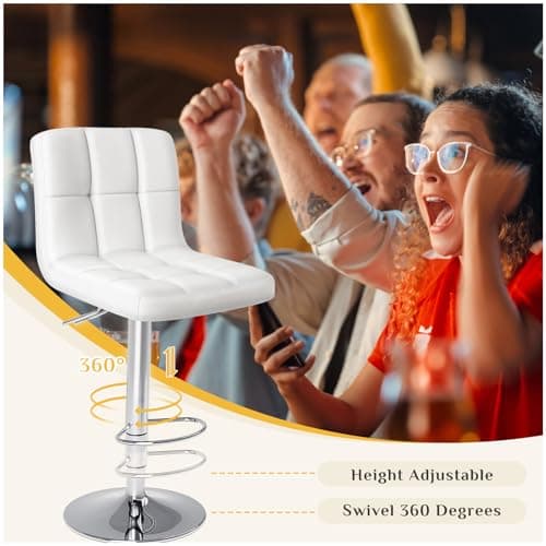DUMOS Bar Stools Set of 2, Armless Adjustable Swivel Barstools, PU Leather Hydraulic Kitchen Counter Height Bar Stools, Thickened Seat Cushion Square Island Barstools with Back, White 7