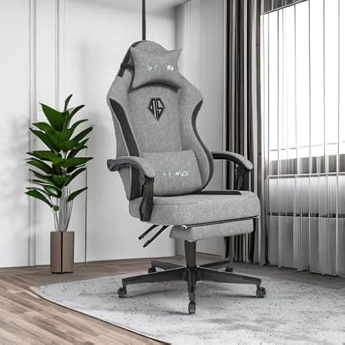 Gaming Chair with Footrest, Ergonomic Lumbar Support Massager Video Game Chair with Metal Legs, High Back Reclining Silla Gamer Chair with Headrest (Light Grey) 5