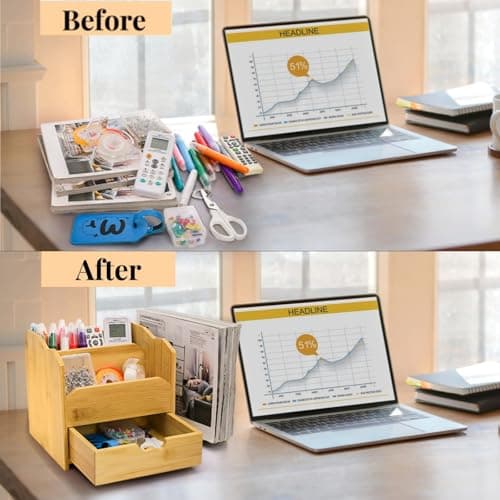 ZAVOOS Bamboo Desk Organizer, Multi Use Tabletop Storage Office Supplies with Drawer Pen Holder, 5 Compartments Heavy Duty Desk Accessories for Home Office Organization, No Assembly Required 5