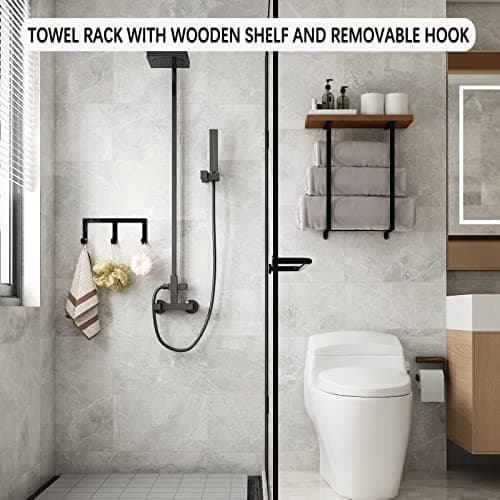ZUJJAFY Wall Mounted Towel Racks with Wooden Shelf & 3 Hooks, Towel Holder for Small Bathroom Wall Decor, Bath Towel Storage for Rolled Towels Organizer, Matte Black 4