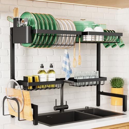 Kitsure Over The Sink Dish Drying Rack - 30.0" to 33.9" x 21.5", Adjustable Sink Drying Rack for Kitchen Sink with Multifunctional Baskets, Black