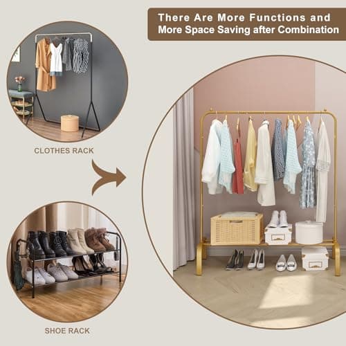 JIUYOTREE Metal 43.3 Inches Garment Rack with Bottom Shelf Clothing Rack for Hanging Clothes Coats Skirts Shirts Sweaters Gold 6