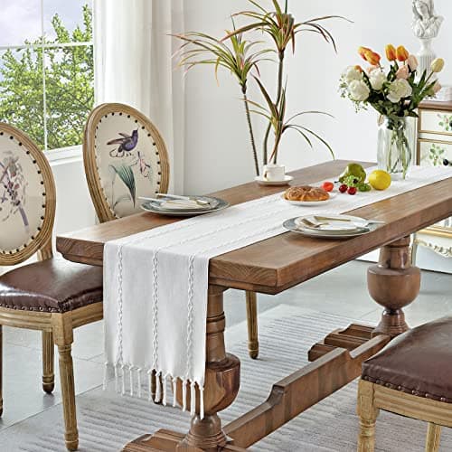 Wracra Rustic Linen Table Runner Farmhouse Style Table Runners 72 inches Long Embroidered Table Runner with Hand-Tassels for Party, Dresser Decor and Dining Room Decorations (White, 13"×72") 6
