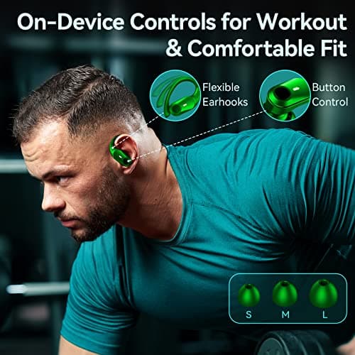 Active Noise Cancelling Earbuds Wireless Bluetooth Headphones 80H Playtime LED Power Display Charging Case Over Ear Hooks Ear Buds with Hi-Res Sound & Clear Calls for Sports Running Gym Workout Green 6