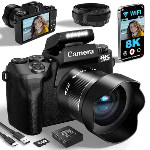 8K Digital Cameras for Photography, WiFi 64MP Professional Camera with Dual Lens, 4" Touch Screen, Autofocus ，16X Digital Zoom, 3000mAh Batteries, 32GB Card, Black