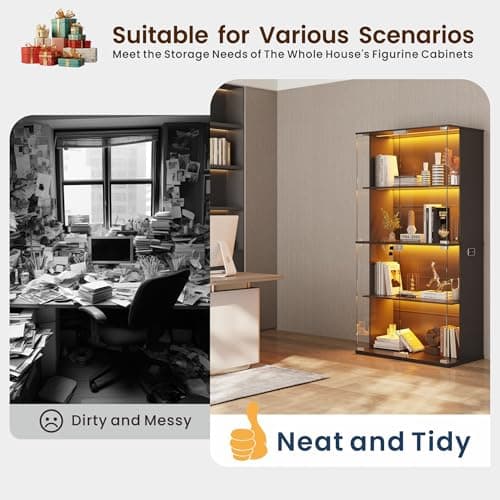 Lvifur Display Cabinet with Glass Doors, 66" Curio Cabinet with Lockable, 4-Tier Bookcase with 3 Color Lights for Collectibles, Storage Cabinets with Human Body for Books, Toys, Black 5